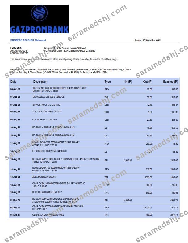 Gazprombank firm account statement Word and PDF template
